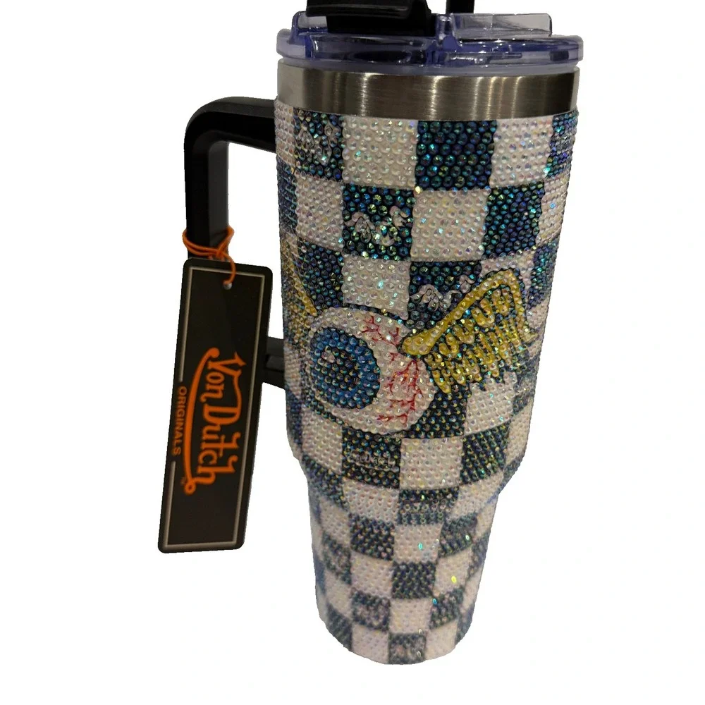 Von Dutch Rhinestone Checkered Eyeball Tumbler Handle Cup‎ NWT Bling